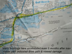 Many buildings here uninhabited even 6 months after Ivan. Yellow path indicated drive path and viewed damage Many buildings here uninhabited even 6 months after Ivan. Yellow path indicated drive path and viewed damage