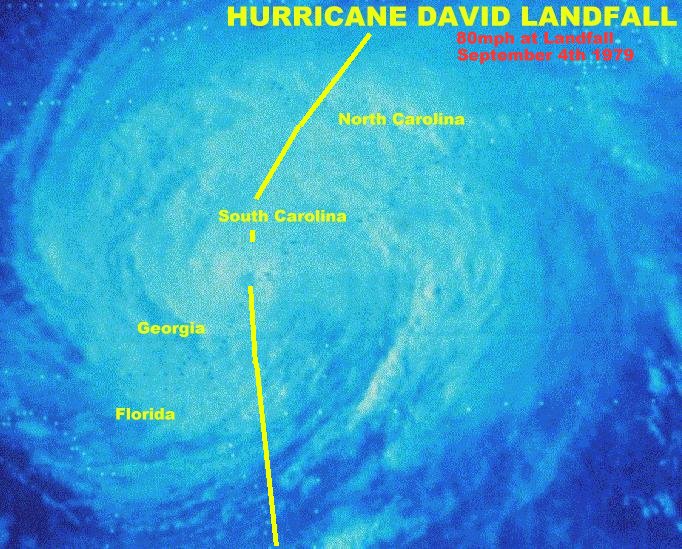 Satellite image of Hurricane David on September 4, 1979. 80mph at landfall. Satellite image of Hurricane David on September 4, 1979. 80mph at landfall.