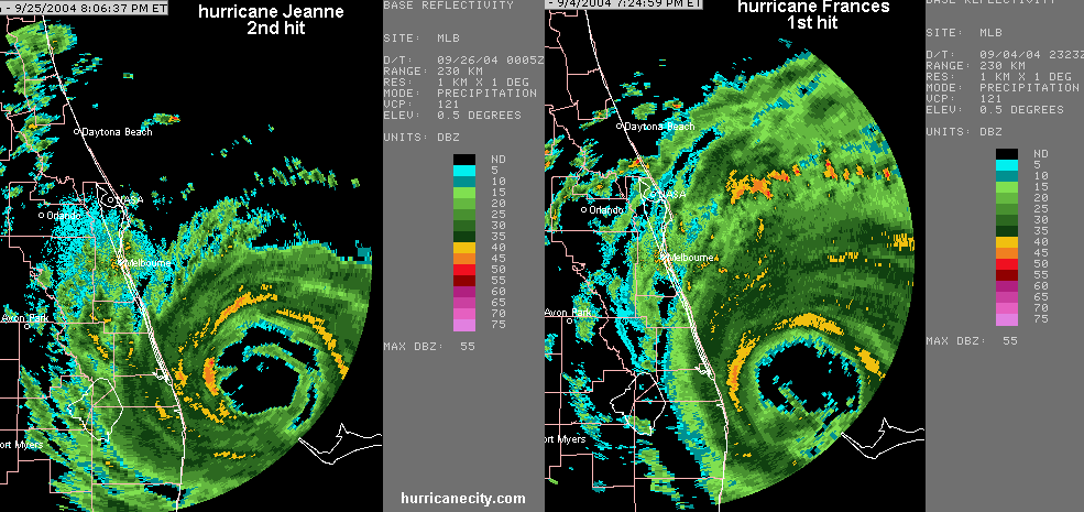 Radar images of Hurricane Jeanne (left) and Hurricane Frances (right) that shows their positions just before landfall in Florida Radar images of Hurricane Jeanne (left) and Hurricane Frances (right) that shows their positions just before landfall in Florida